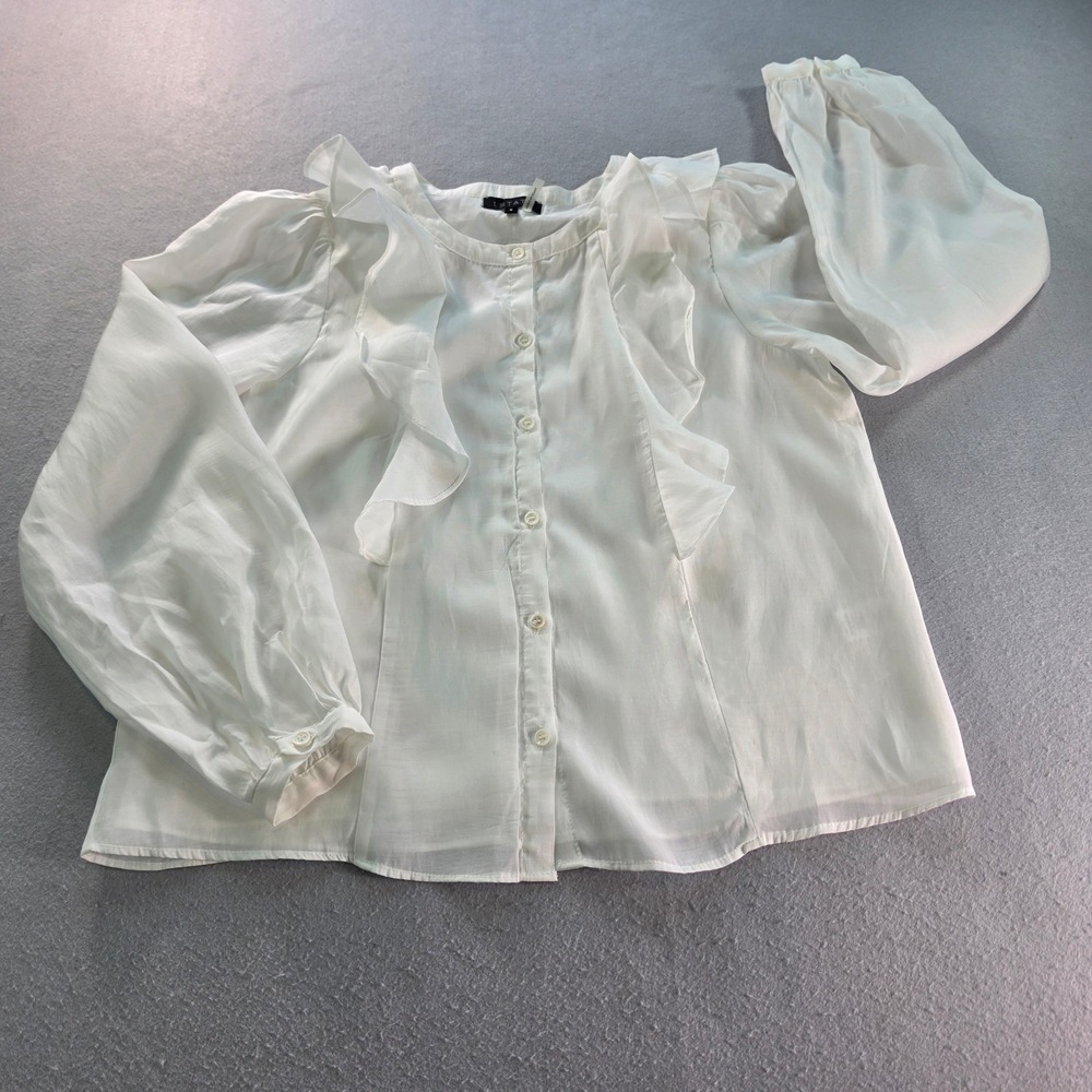 1.STATE White Ruffle Front Button Down Balloon Sleeve Blouse S Romantic
